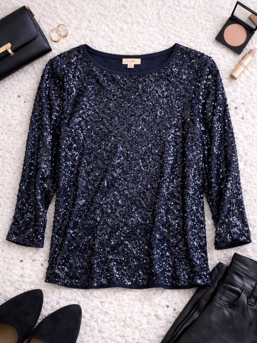 J.Crew Navy Sequin Top Medium 3/4 Sleeve Sparkly Party Holiday Blouse